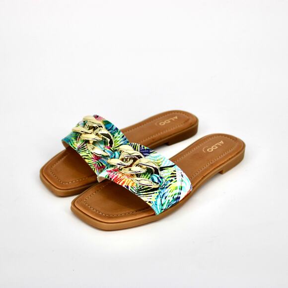 Aldo Shoes - Aldo Ezio Buckled Flat Slide Sandals Womens Size 8.5 Bright Snake Multi Gold NEW